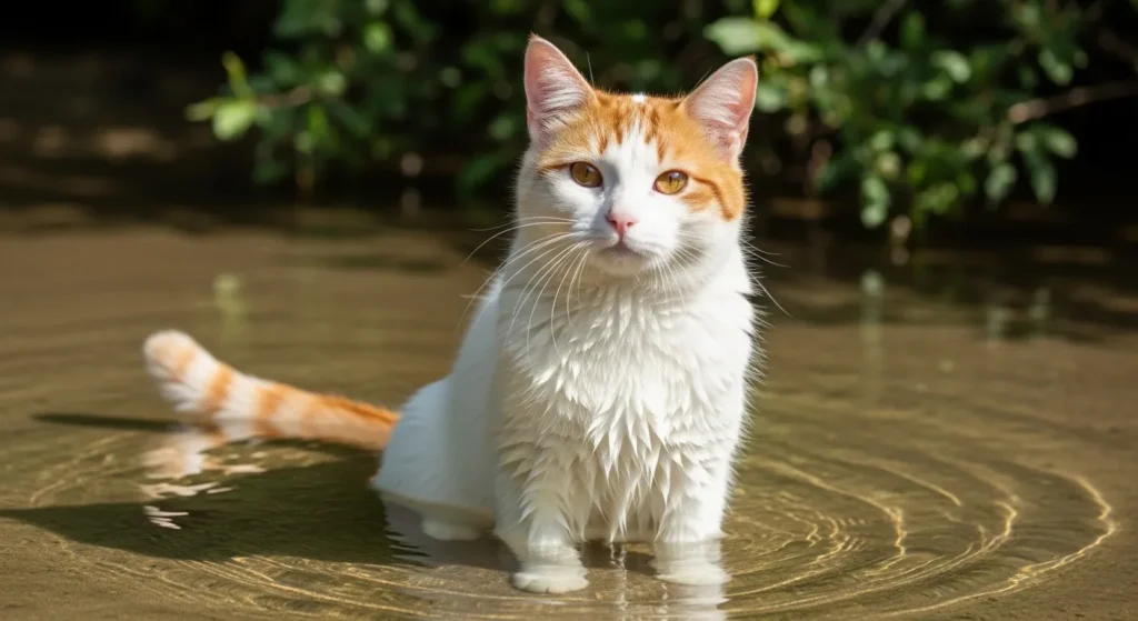Turkish Van cat comfortably in shallow water showing breed exception