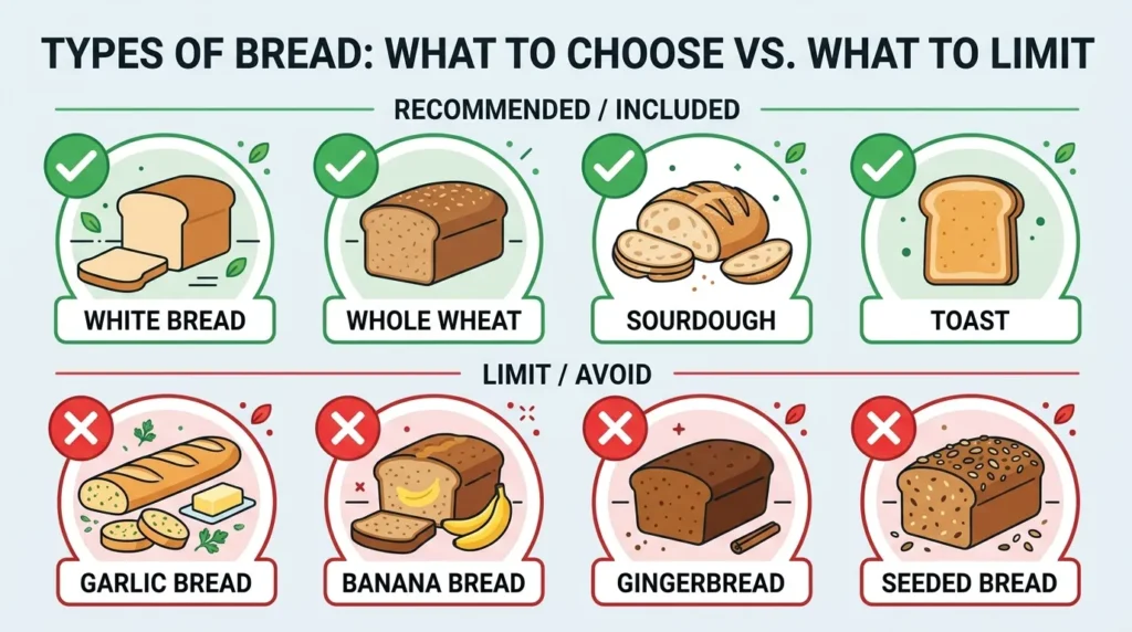 Infographic showing safe and unsafe types of bread for dogs with checkmarks and X marks