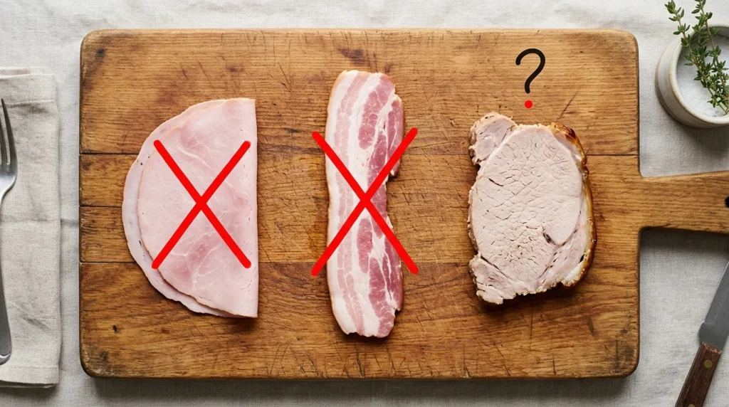 Three types of ham on cutting board showing which are dangerous for cats