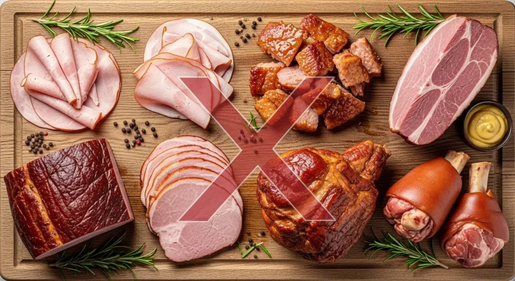 Various types of ham including deli slices smoked ham and glazed ham unsafe for dogs