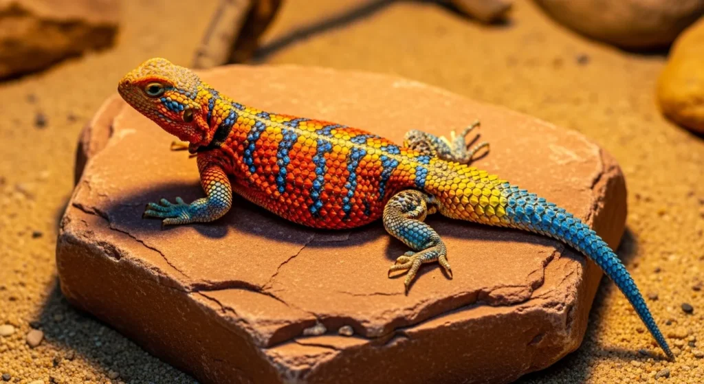 Uromastyx lizard in a desert tank with sand.