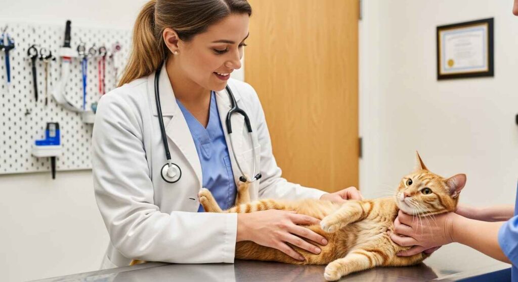 Veterinarian checking belly of orange cat on table.