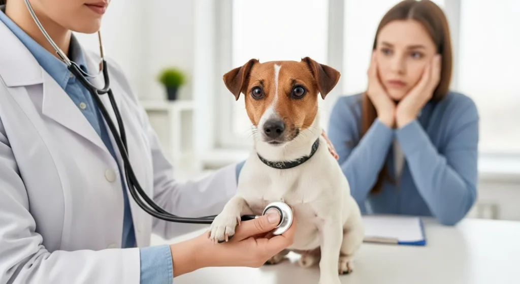 Dog at vet for lavender checkup