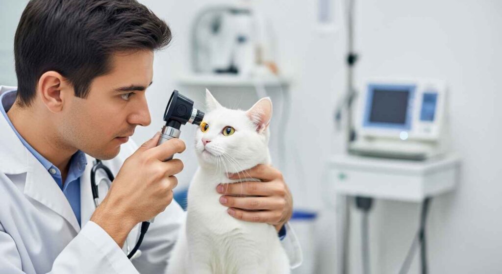 Veterinarian examining cat for eye problems.