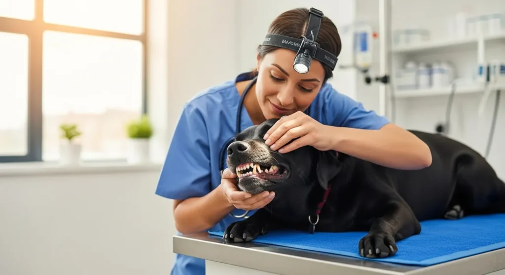 Veterinarian inspecting dog for health issues