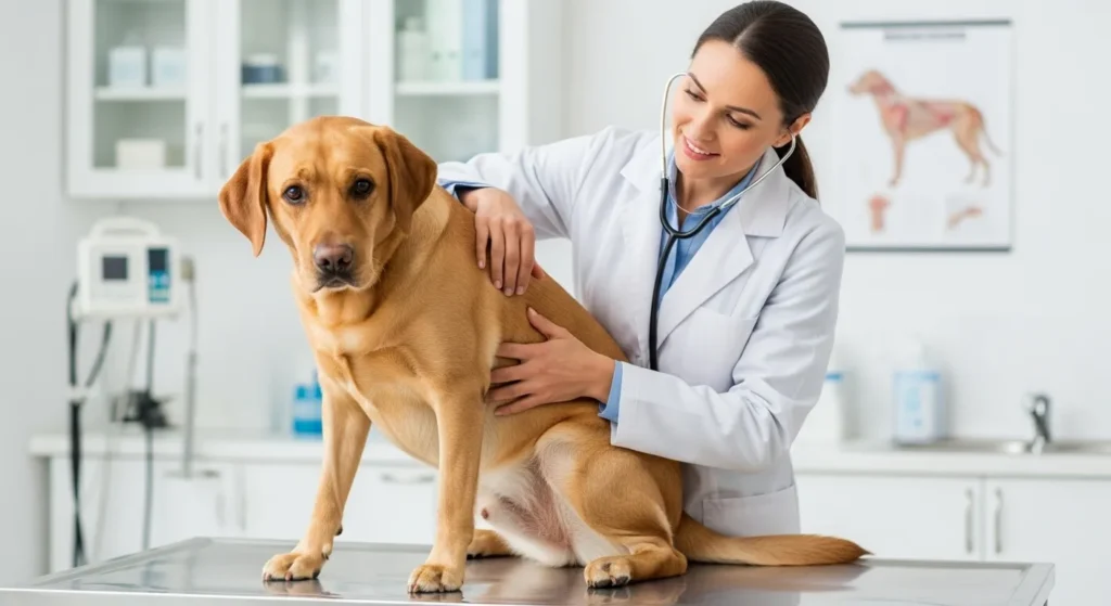 Veterinarian gently examining a nervous dog.