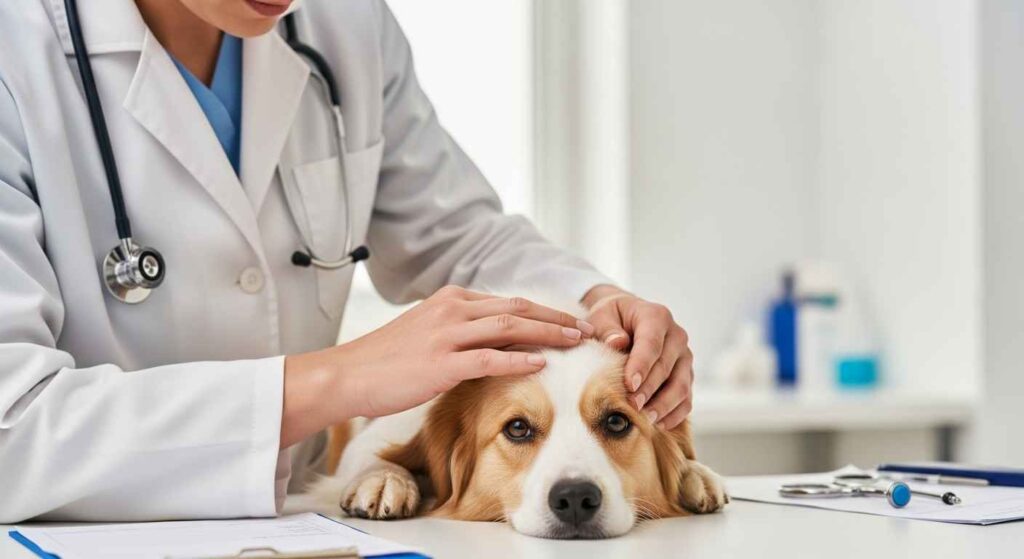 Veterinarian examining a dog.