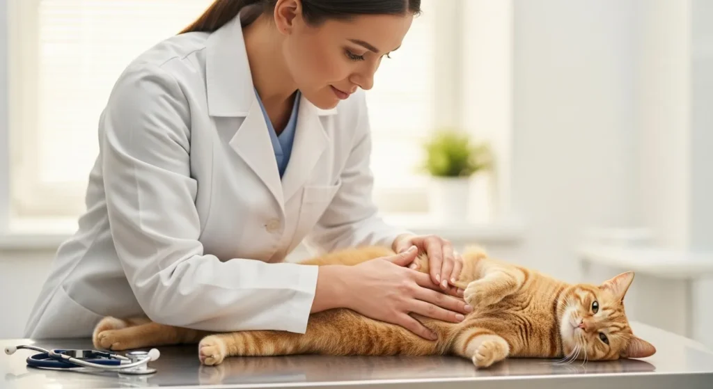 Veterinarian examining vomiting cat