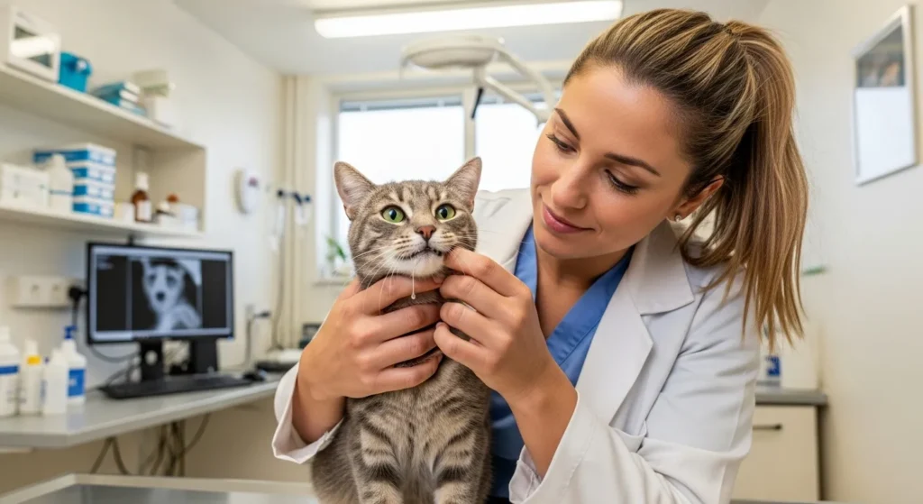 Veterinarian examining cat's mouth for drooling cause