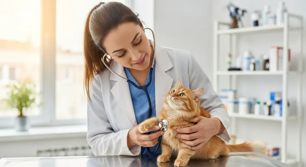 Veterinarian examining female cat.
