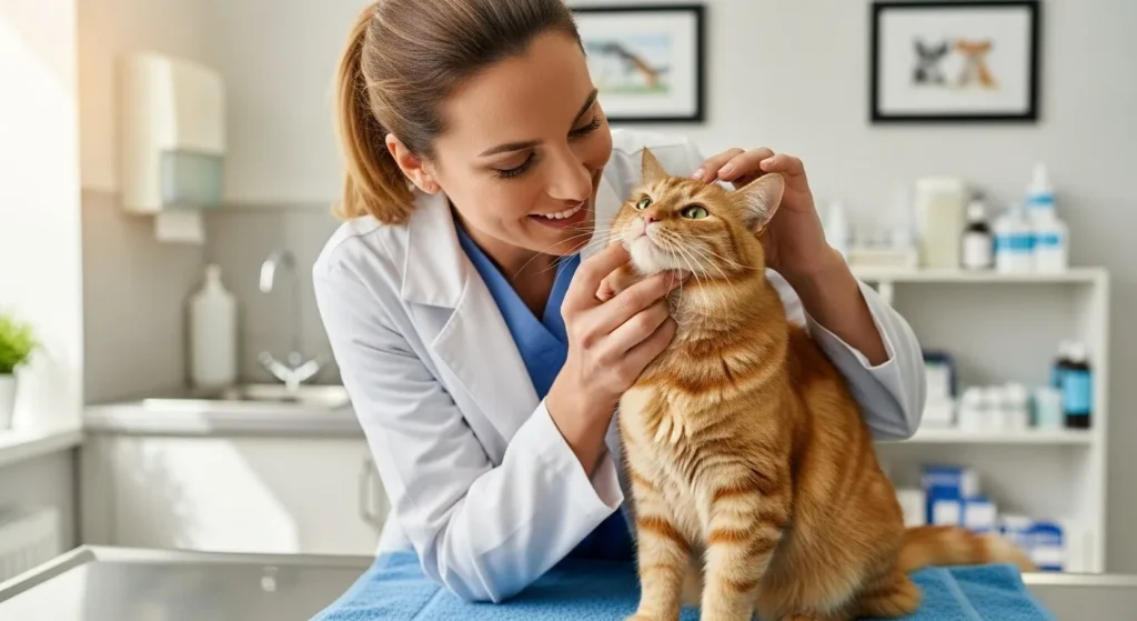 Veterinarian examining cat for sneezing.