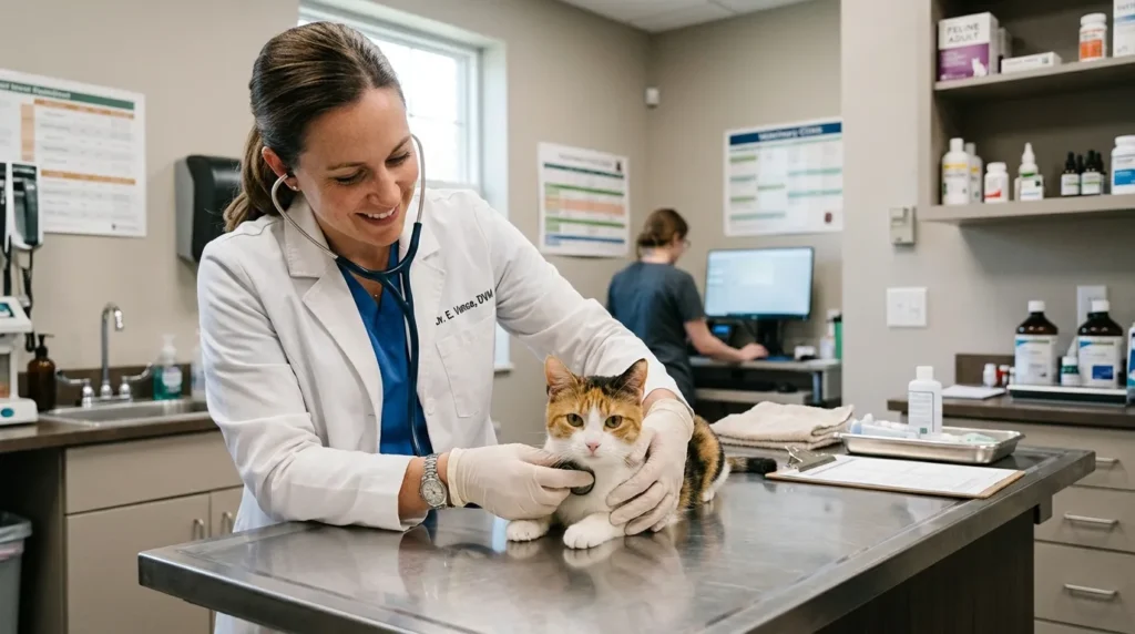 Veterinarian examining a cat for grape toxicity treatment