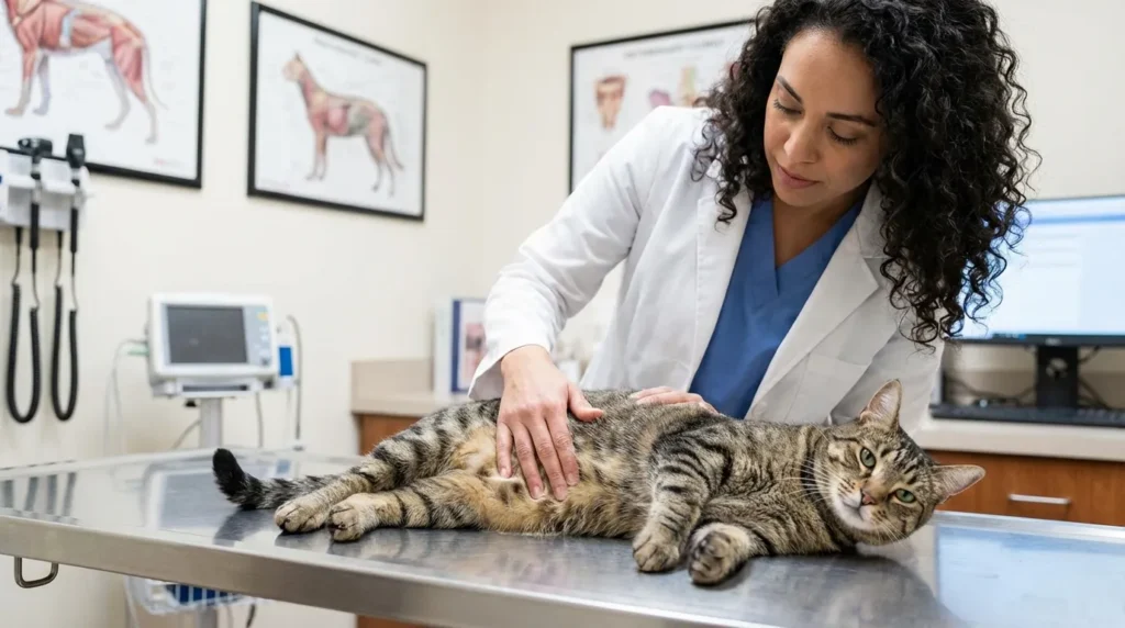 Veterinarian examining a cat's abdomen for signs of digestive problems or gas