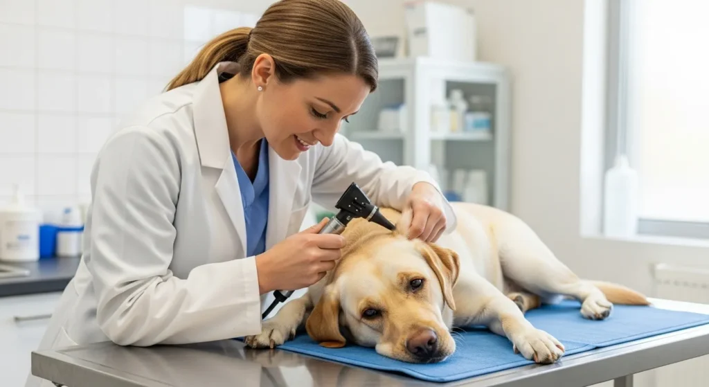 Veterinarian examining a dog's skin.