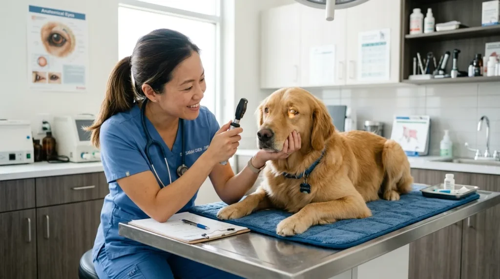 Veterinarian examining a dog's eyes during a routine checkup