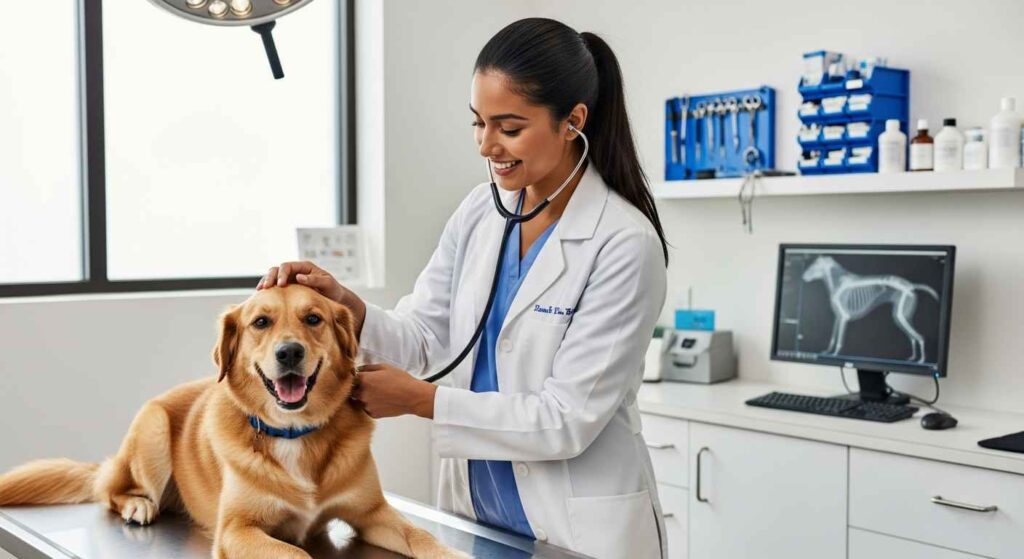 Veterinarian examining a dog for medical causes of excessive licking