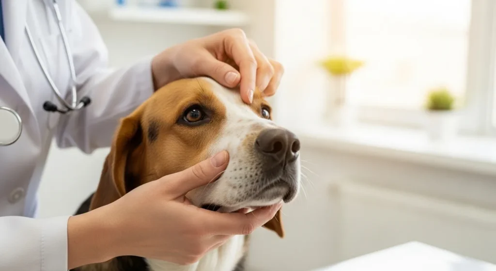 Veterinarian examining a dog's nose during a sneezing consultation 