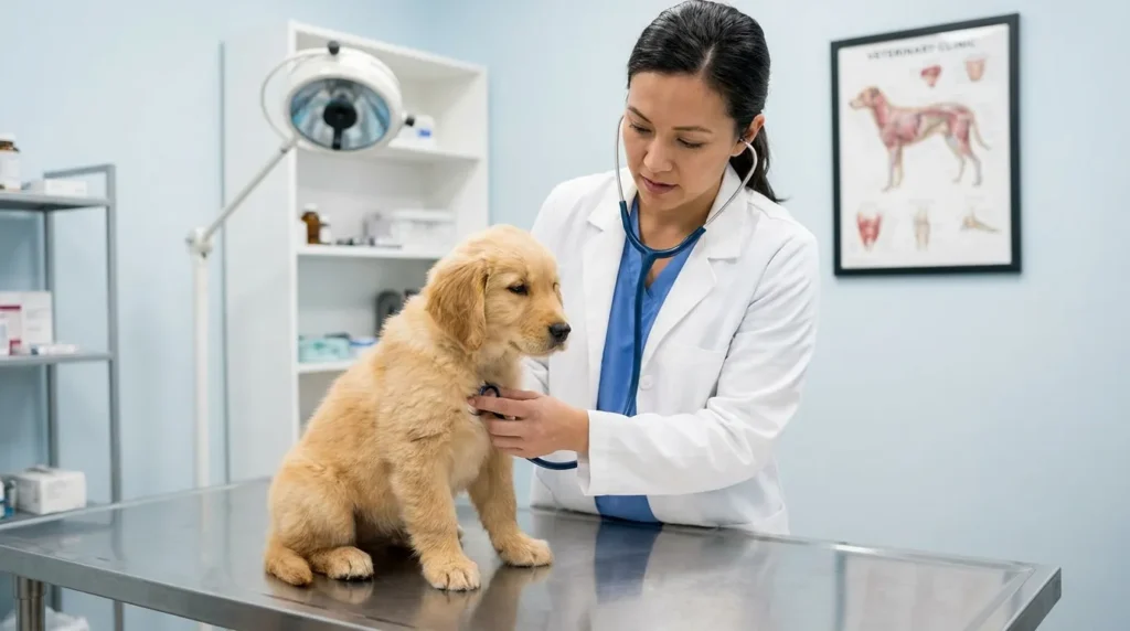 Veterinarian examining a puppy on a clinic table to diagnose developmental or genetic conditions