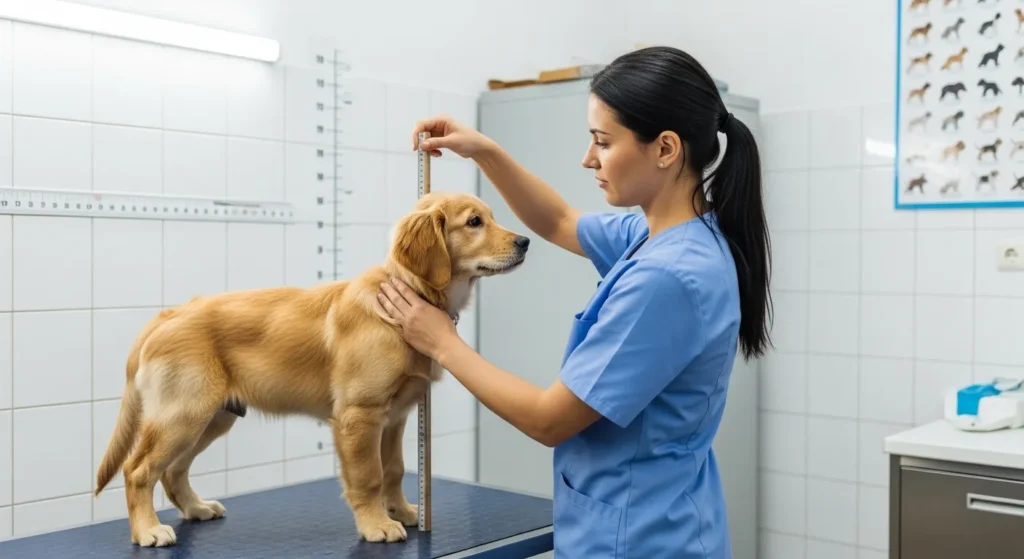 Veterinarian checking a puppy's size