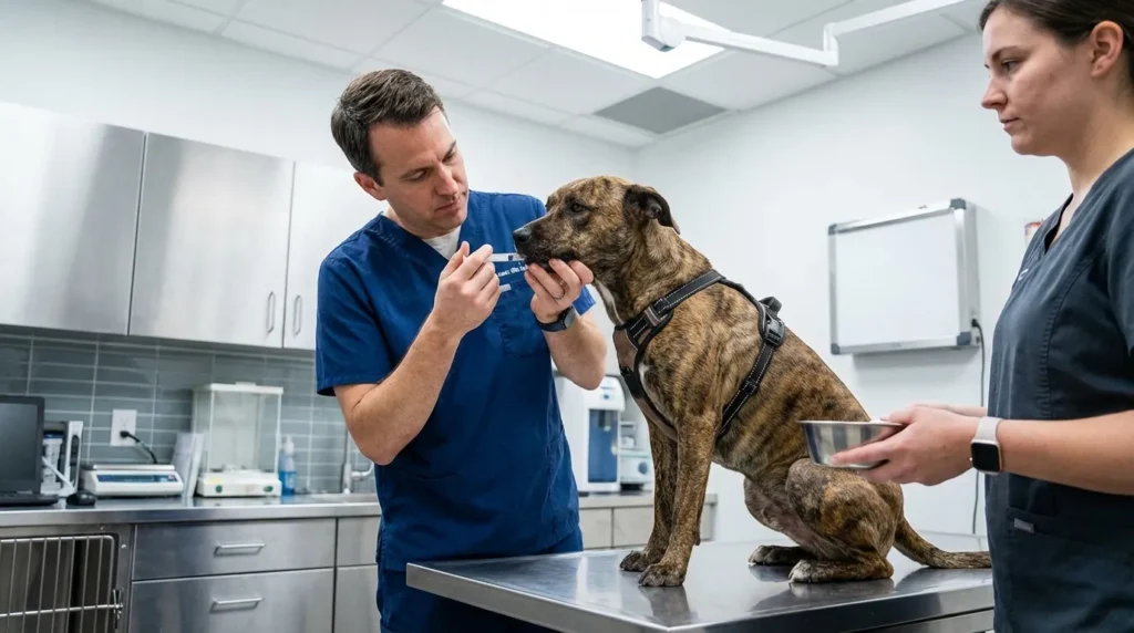 Veterinarian treating dog for chocolate toxicity with activated charcoal in a clinic