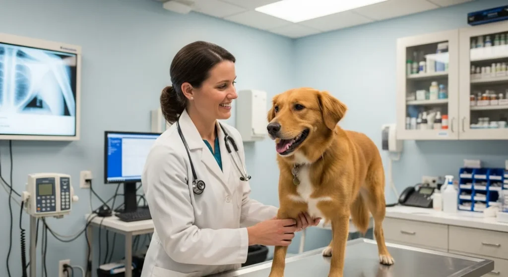 Veterinarian examining a dog during routine health checkup