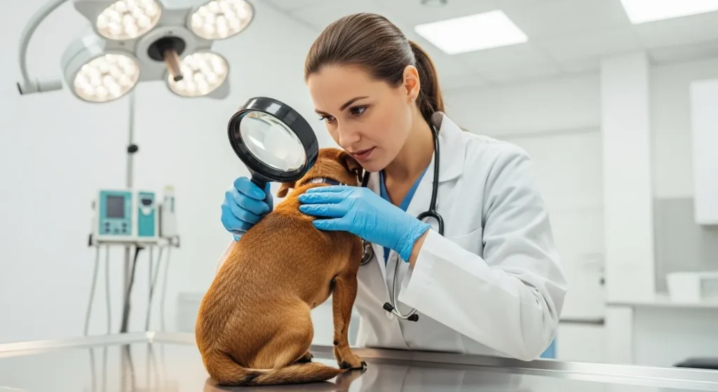 Vet examining dog's fur with magnifying equipment during lice inspection