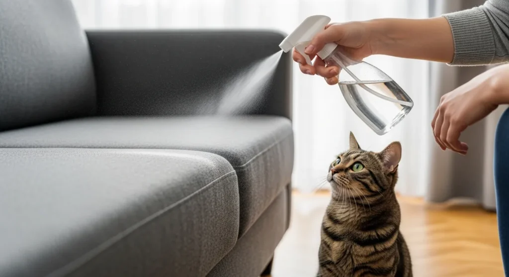 Person spraying diluted vinegar on sofa as a safe cat deterrent while cat watches