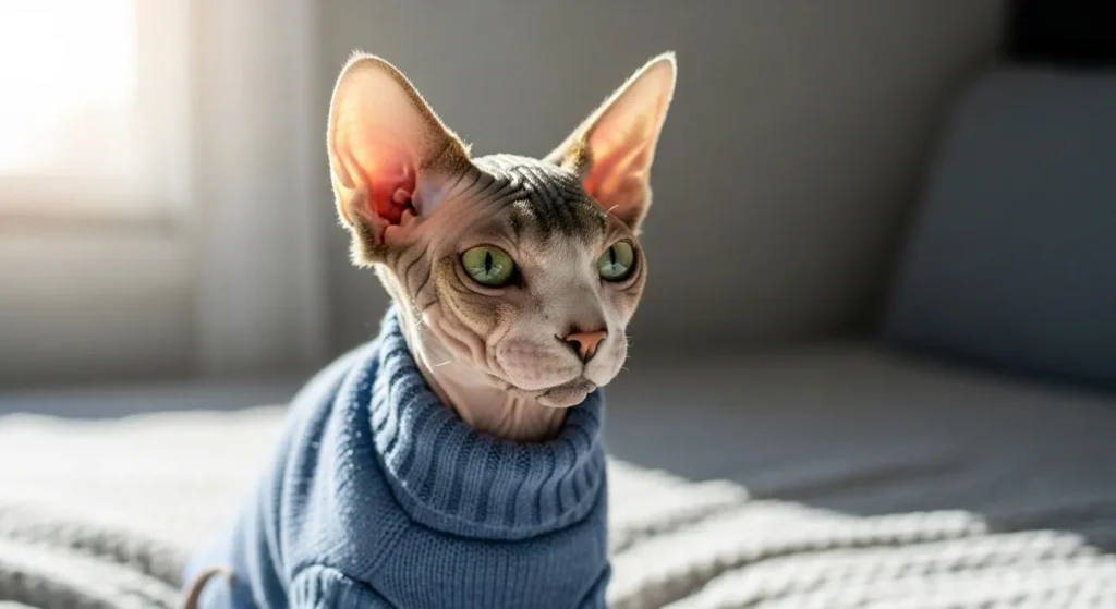 Hairless Sphynx cat in a cozy sweater to stay warm.