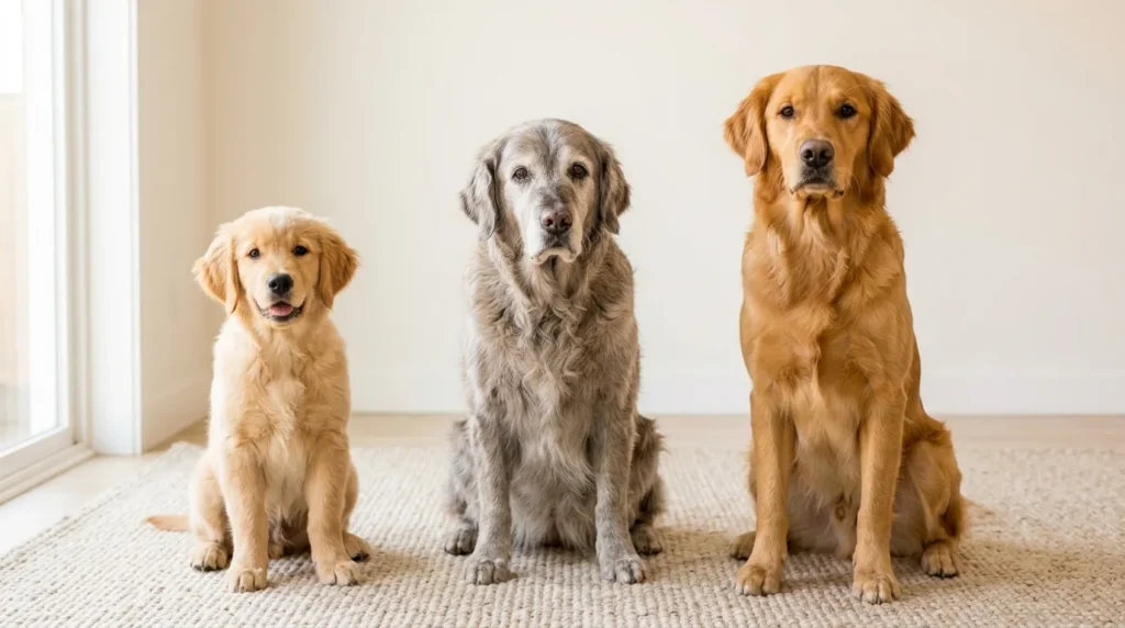 Puppy, senior dog, and adult dog sitting together illustrating different risk levels