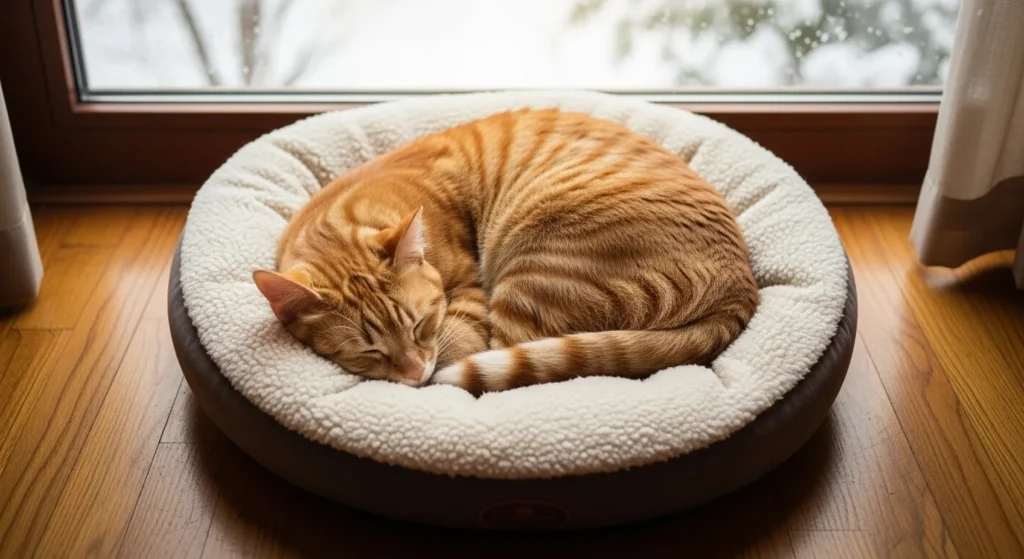 Cat relaxing in a self-warming pet bed during cold weather.