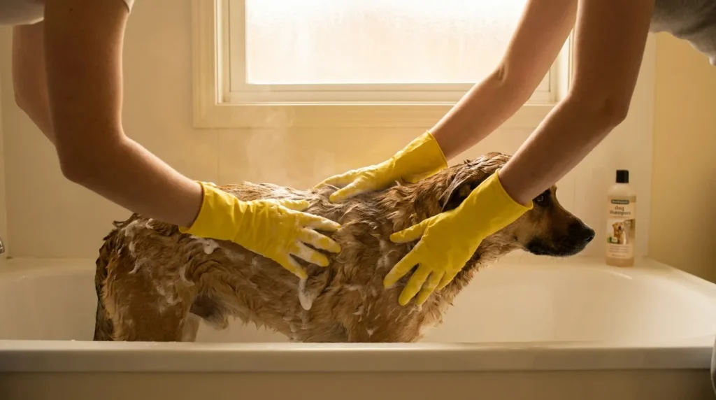 Person wearing rubber gloves bathing a dog in a bathtub after poison ivy exposure
