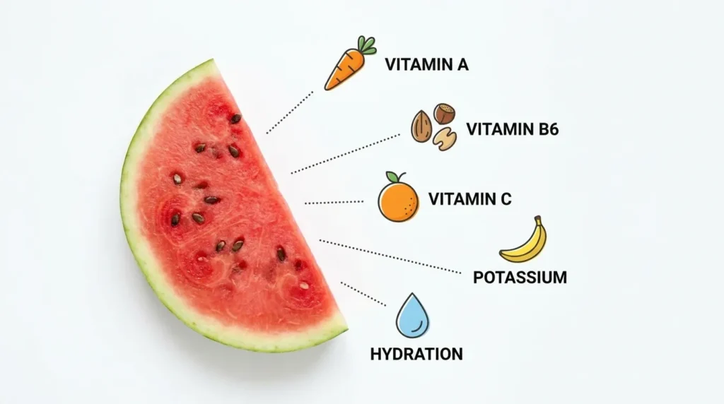 Nutritional benefits of watermelon for dogs illustrated with icons.