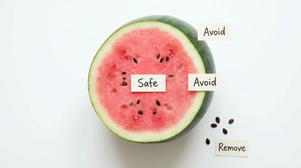 Watermelon diagram showing safe pink flesh and unsafe rind and seeds labeled for cat owners