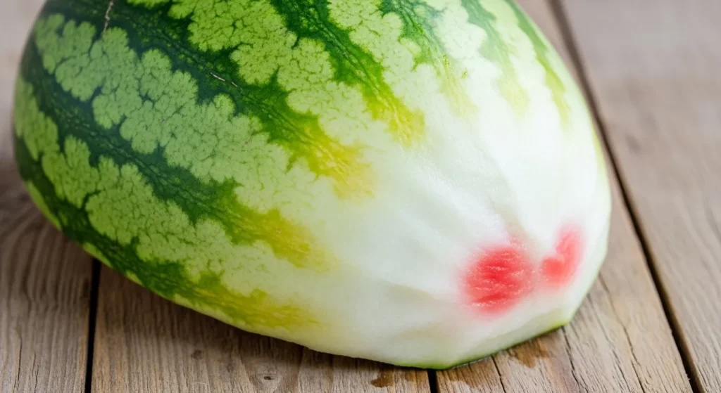 Watermelon rind on a wooden table, highlighting its fibrous texture unsafe for dogs.