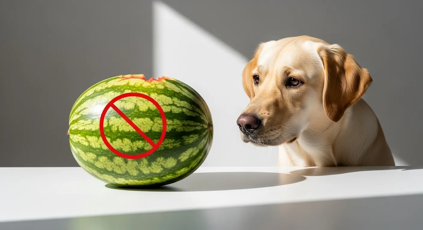 Dog looking at watermelon rind with a warning symbol.