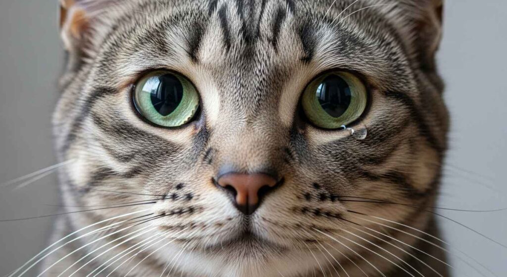 Close view of cat eyes showing excess tears.