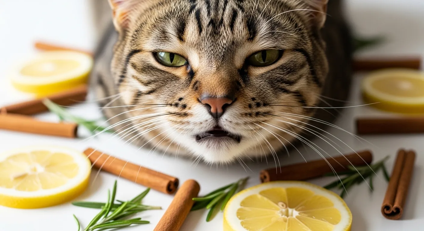 Cat reacting to strong smells including citrus and herbs on a white surface