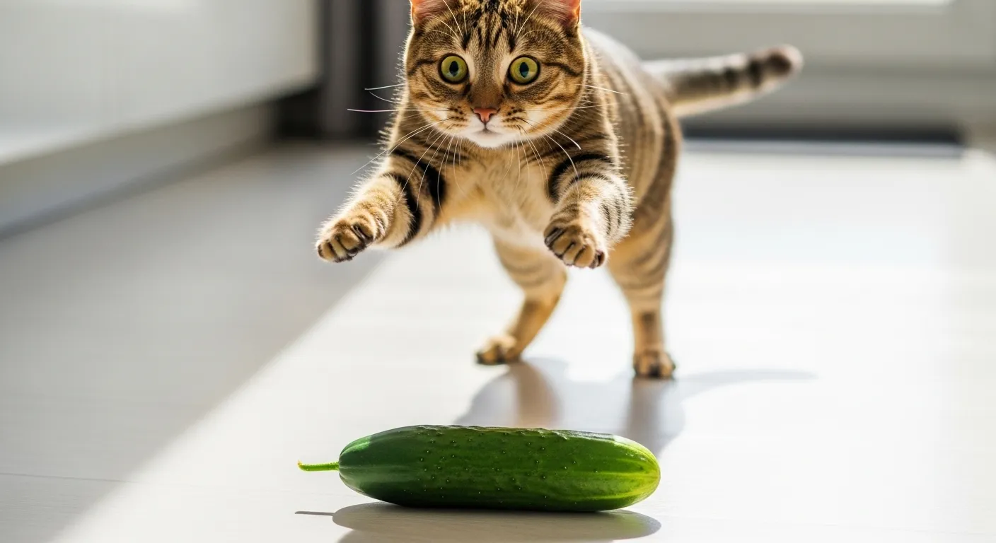 A scared tabby cat leaping away from a cucumber on a kitchen floor