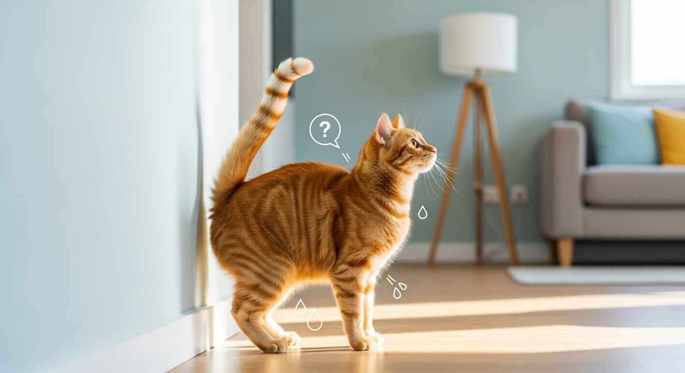 Orange tabby cat demonstrating spraying posture against wall in modern home interior
