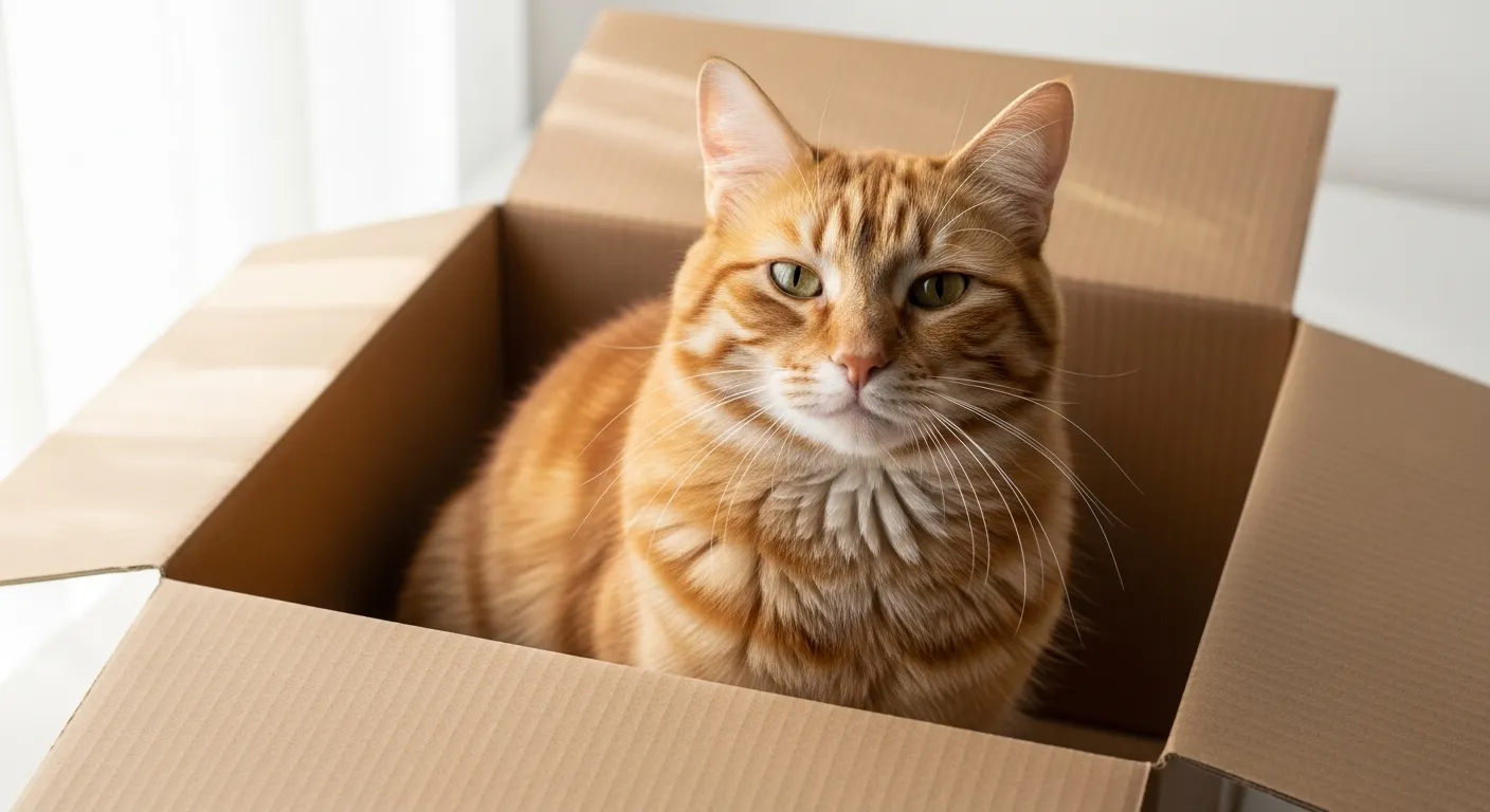 Orange tabby cat sitting inside a cardboard box looking at the camera