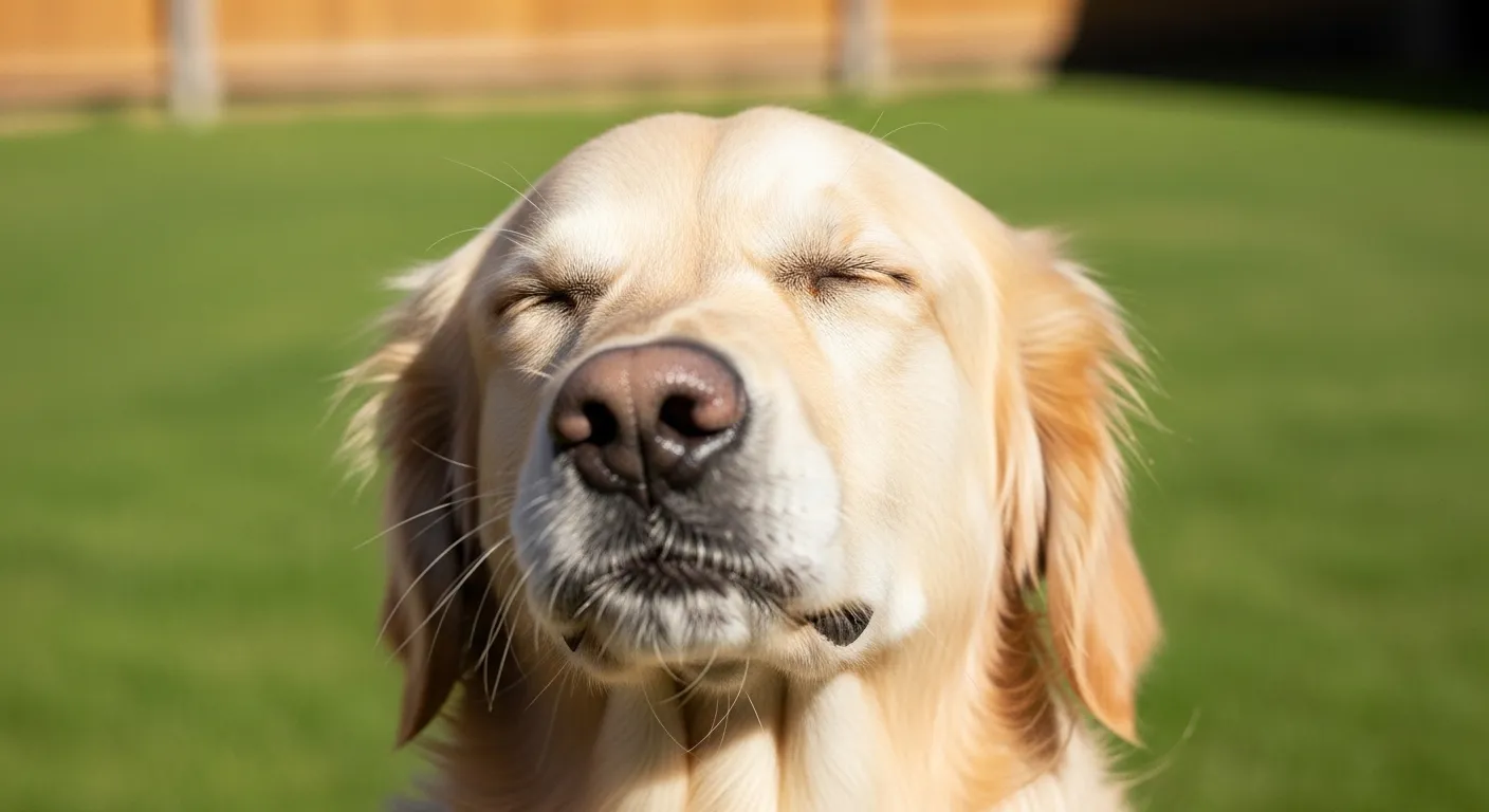 Golden retriever sneezing outdoors in a sunny backyard