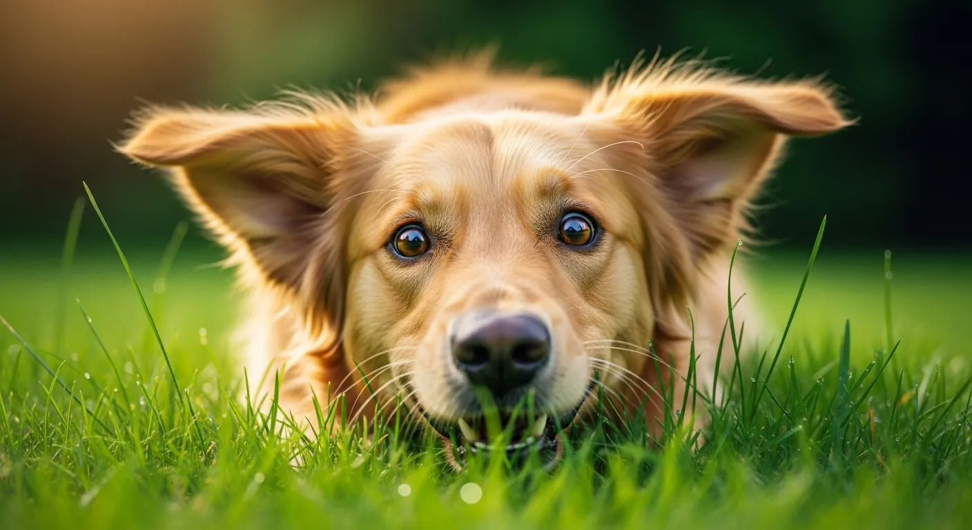 Golden retriever eating grass in yard.