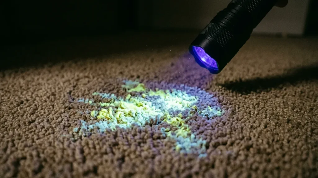 Cat urine stain glowing yellow-green under a UV blacklight flashlight on carpet.