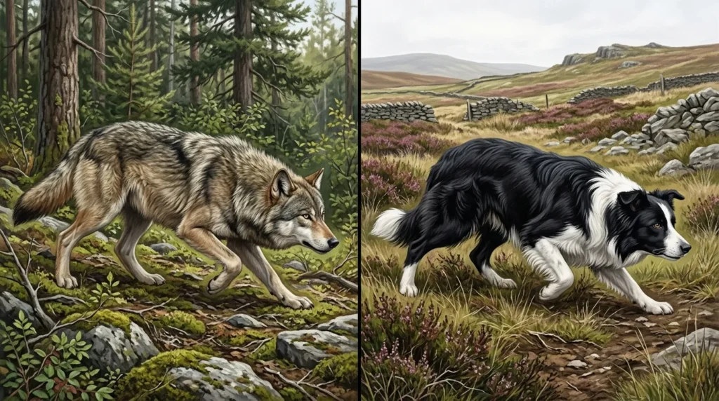 Wolf stalking prey compared to border collie stalking a ball, showing shared predatory instinct