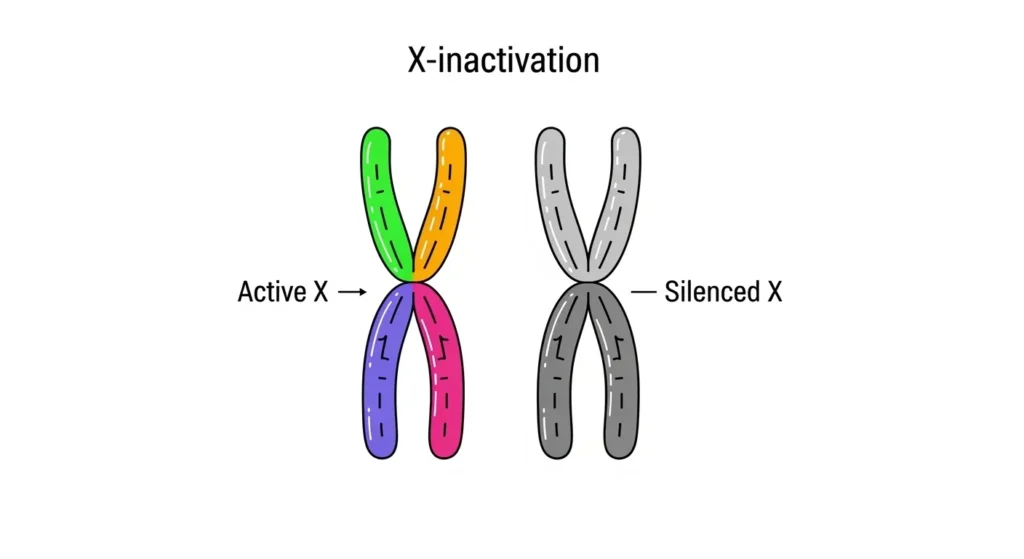 Diagram showing X chromosome inactivation process that causes calico cat coat color patches