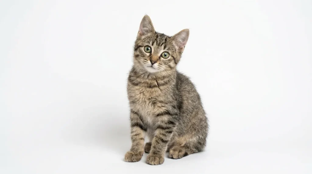Young female tabby kitten at the age when first heat cycle can begin