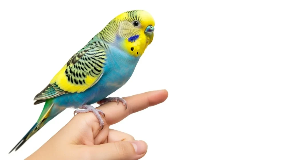 Young parakeet on finger.