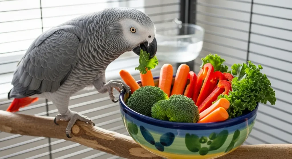African Grey parrot eating fresh vegetables from a bowl as part of a balanced diet