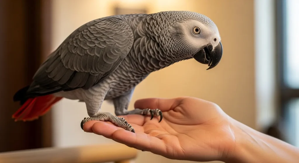 African Grey parrot stepping up onto owner's hand during a daily bonding session