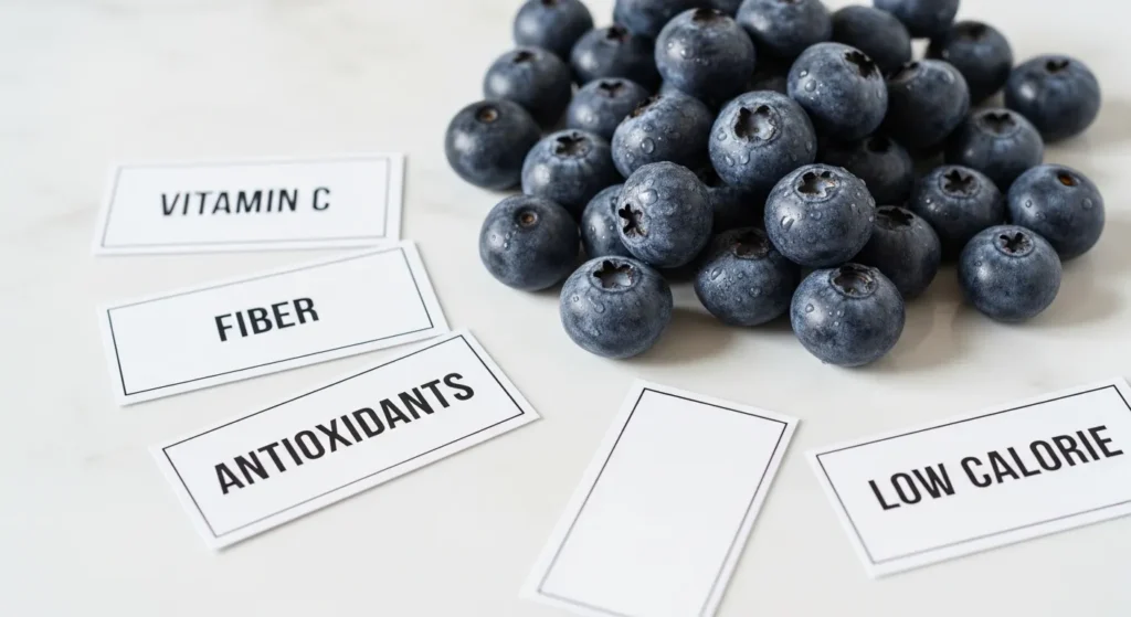 Fresh blueberries with nutritional benefit labels for dogs